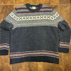 L.L. Bean Norway Made Fair Isle Navy and White Patterned Crewneck Sweater